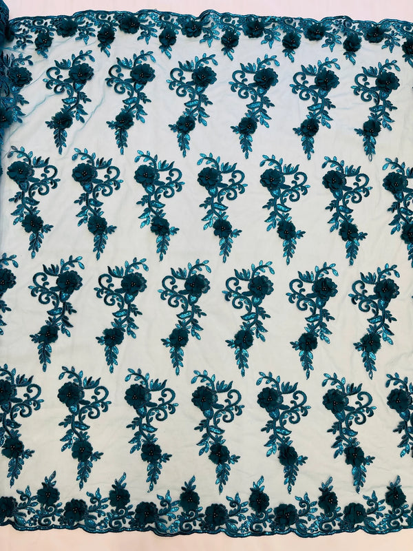 3D Flower Cluster Fabric - Teal - 3D Flower Leaf Design Fabric with Pearls Sold By Yard