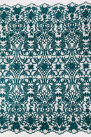 Fancy Damask Lace Fabric - Teal on Black - Embroidered Damask Design Mesh on Lace Fabric by Yard
