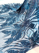 Wavy Leaf Sequins Fabric - Teal - Wavy Lines and Leaves Design on Lace Mesh Fabric by Yard