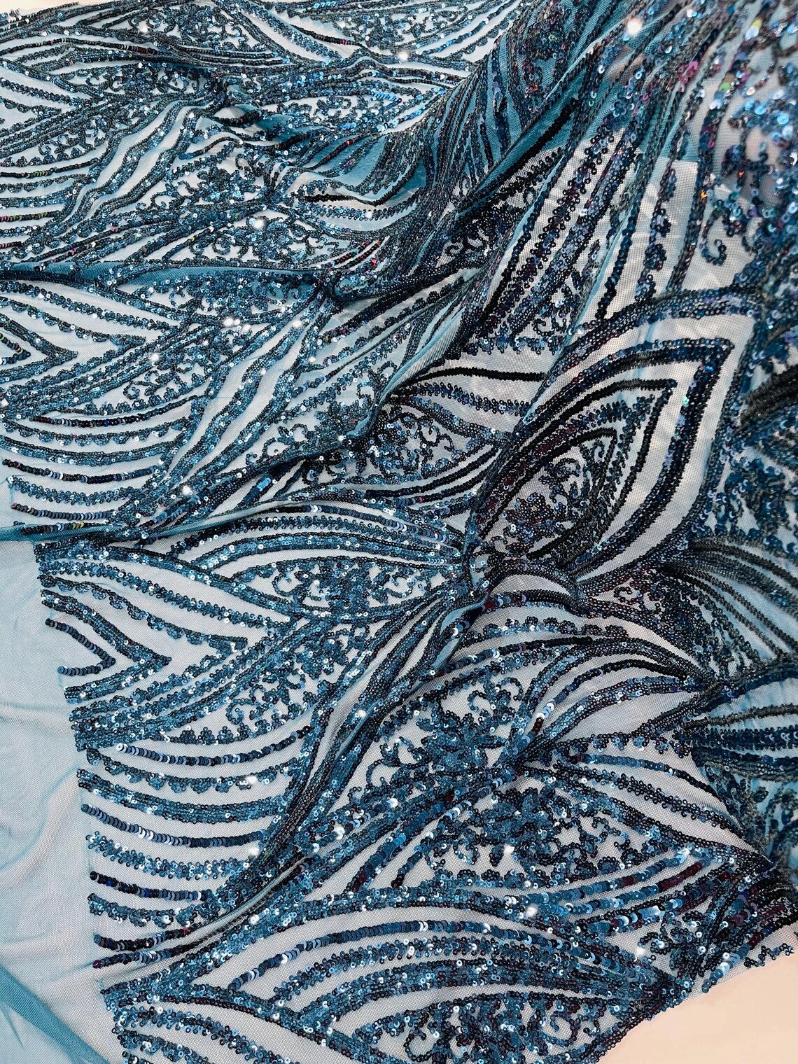 Curvy Line Design Fabric - Teal - 4 Way Stretch Sequins Design Mesh Lace Fabric by Yard