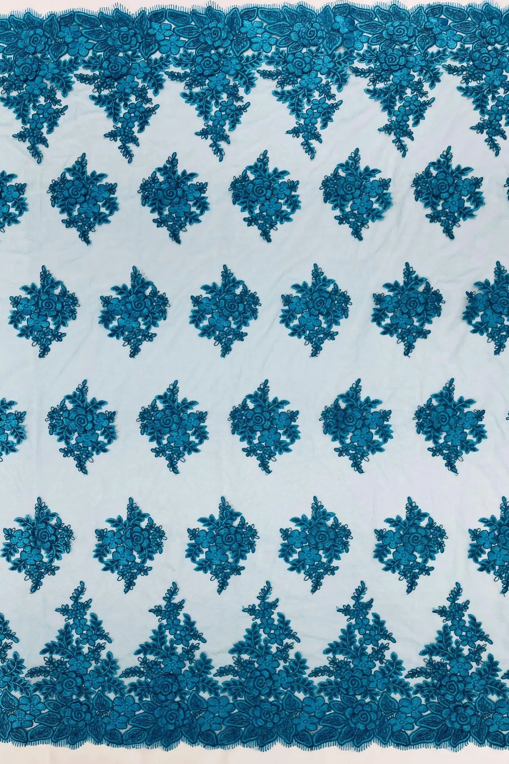 Corded Floral 3D Fabric - Teal - Embroidered Floral Design on Lace Mesh Fabric by Yard