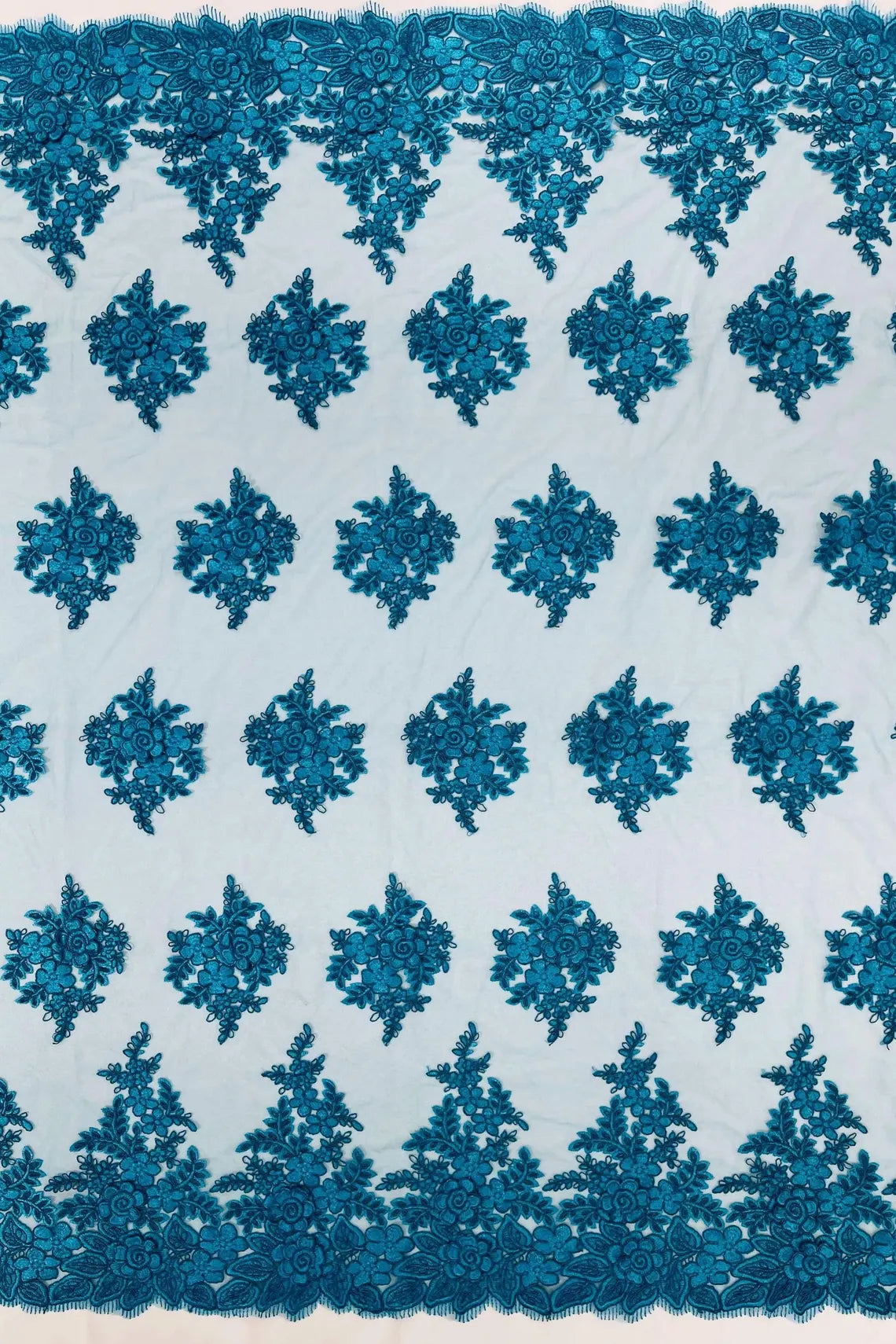 Corded Floral 3D Fabric - Teal - Embroidered Floral Design on Lace Mesh Fabric by Yard