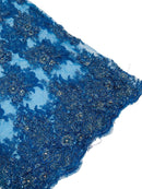 Rhinestone Beaded Fabric - Teal - Beaded Floral Rhinestone Design with Fancy Border Sold By Yard