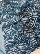 Curvy Line Design Fabric - Teal - 4 Way Stretch Sequins Design Mesh Lace Fabric by Yard