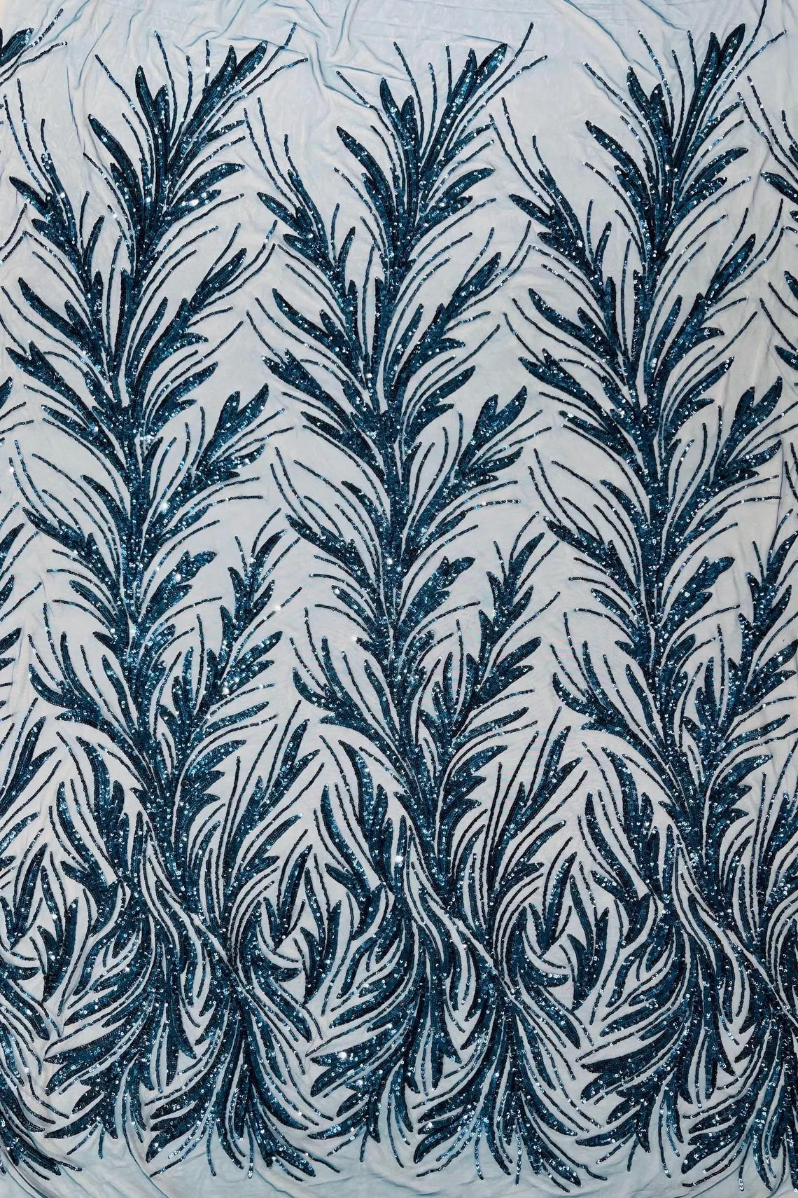 Leaf Design Stretch Sequins - Teal - 4 Way Stretch Lace Mesh Sequins Fabric by Yard