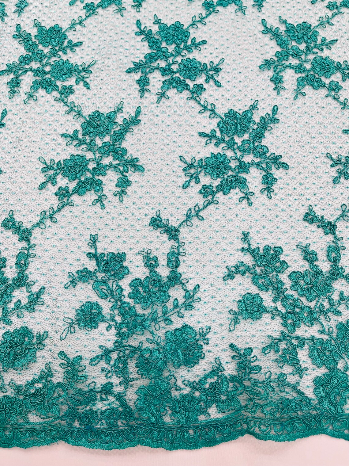 Embroidered Corded Lace Fabric - Teal - Cluster Fancy Flower Embroidered Lace Fabric By Yard