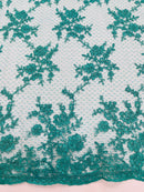 Embroidered Corded Lace Fabric - Teal - Cluster Fancy Flower Embroidered Lace Fabric By Yard