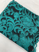 Fancy Damask Lace Fabric - Teal on Black - Embroidered Damask Design Mesh on Lace Fabric by Yard