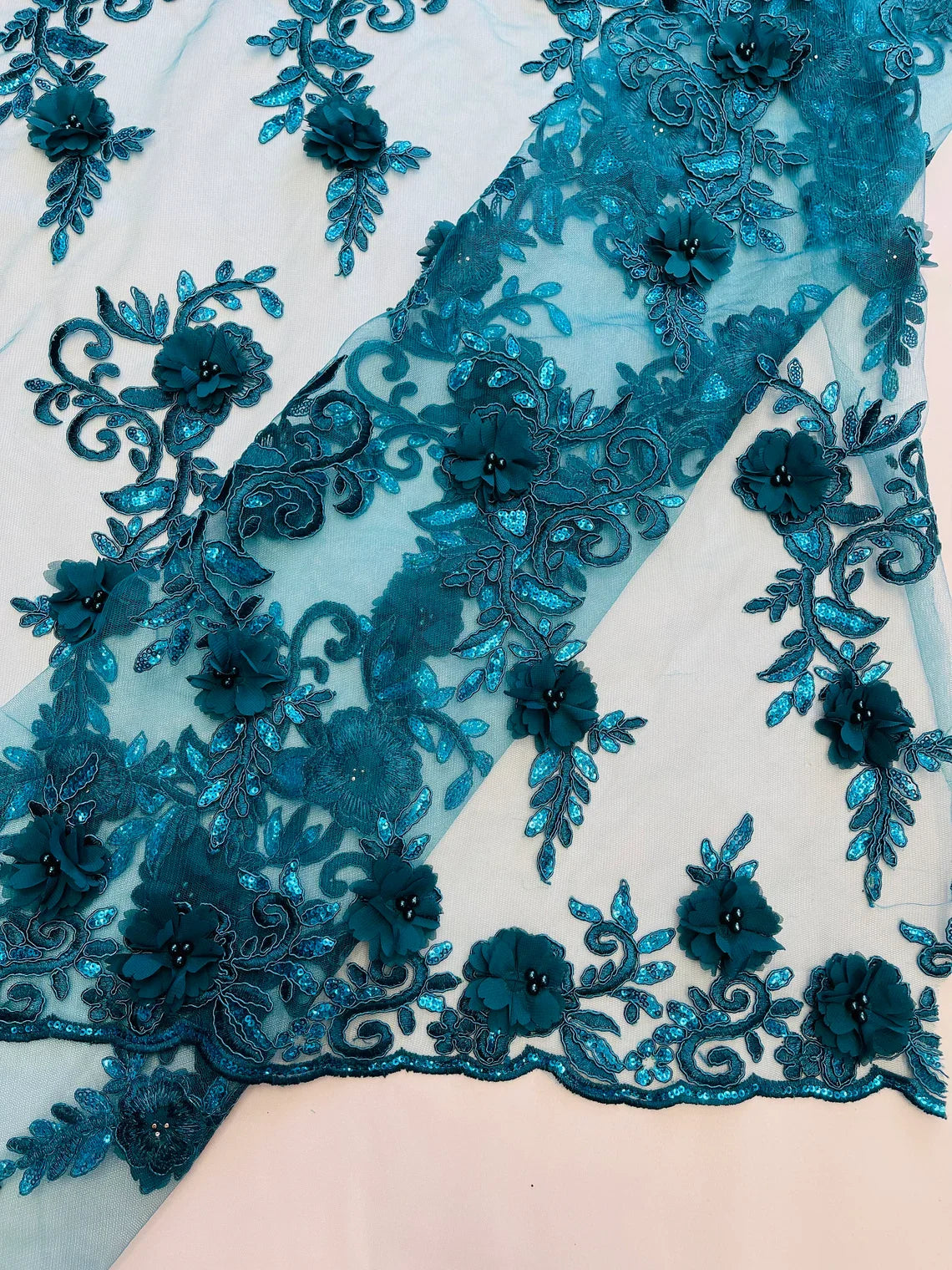 3D Flower Cluster Fabric - Teal - 3D Flower Leaf Design Fabric with Pearls Sold By Yard