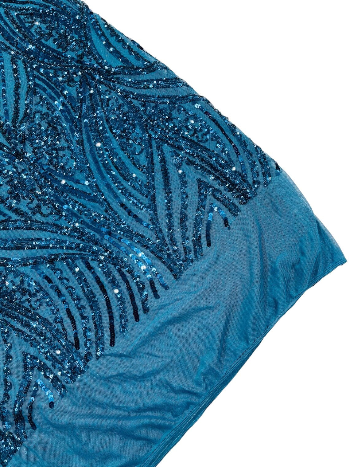 Curvy Line Design Fabric - Teal - 4 Way Stretch Sequins Design Mesh Lace Fabric by Yard