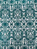 Fancy Damask Lace Fabric - Teal on Black - Embroidered Damask Design Mesh on Lace Fabric by Yard