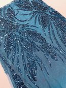 Wavy Leaf Sequins Fabric - Teal - Wavy Lines and Leaves Design on Lace Mesh Fabric by Yard