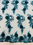 3D Flower Cluster Fabric - Teal - 3D Flower Leaf Design Fabric with Pearls Sold By Yard