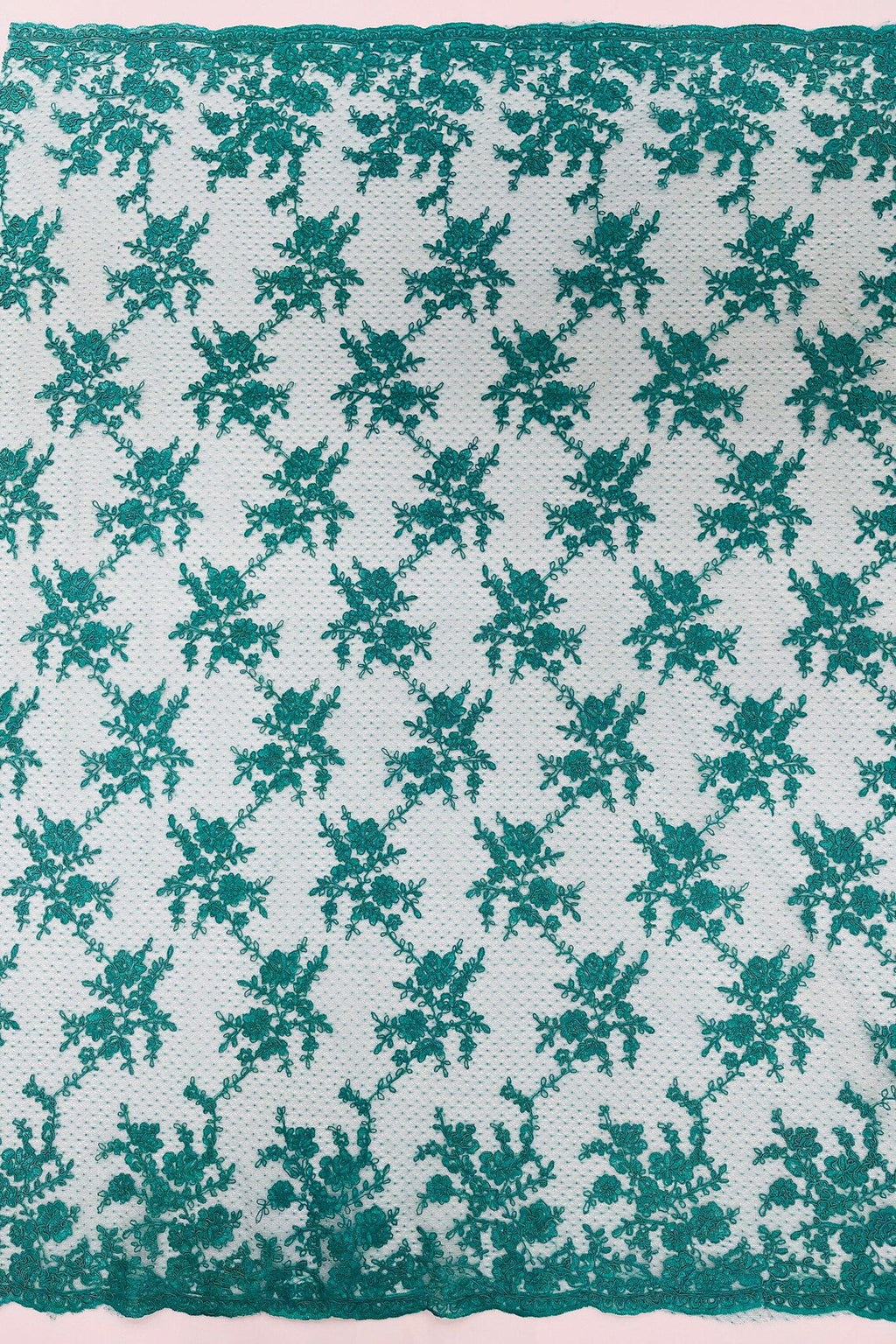 Embroidered Corded Lace Fabric - Teal - Cluster Fancy Flower Embroidered Lace Fabric By Yard