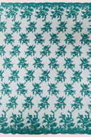 Embroidered Corded Lace Fabric - Teal - Cluster Fancy Flower Embroidered Lace Fabric By Yard