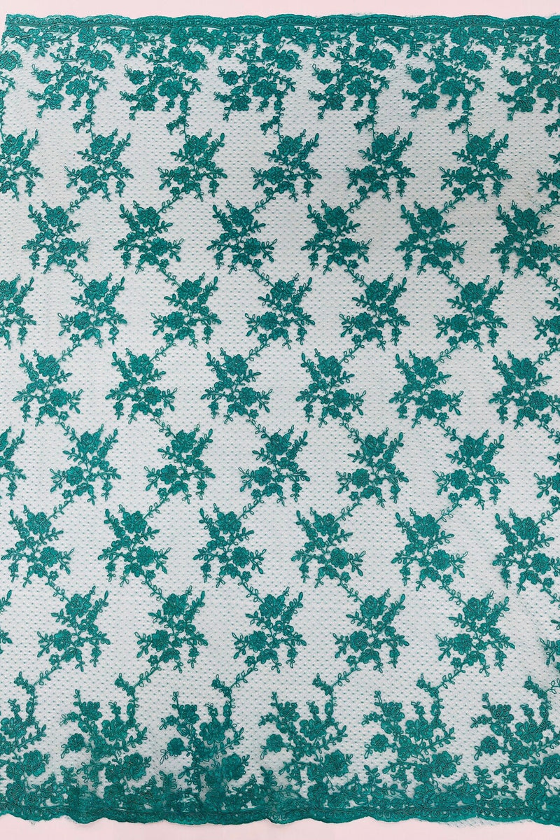 Embroidered Corded Lace Fabric - Teal - Cluster Fancy Flower Embroidered Lace Fabric By Yard