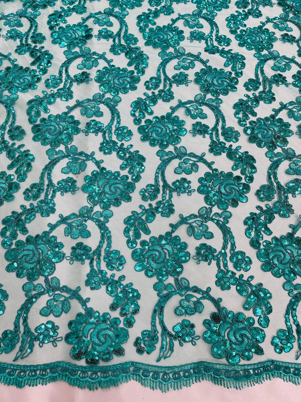 Corded Sequins Flower Lace - Teal - Corded Floral Lace With Sequins Sold By Yard