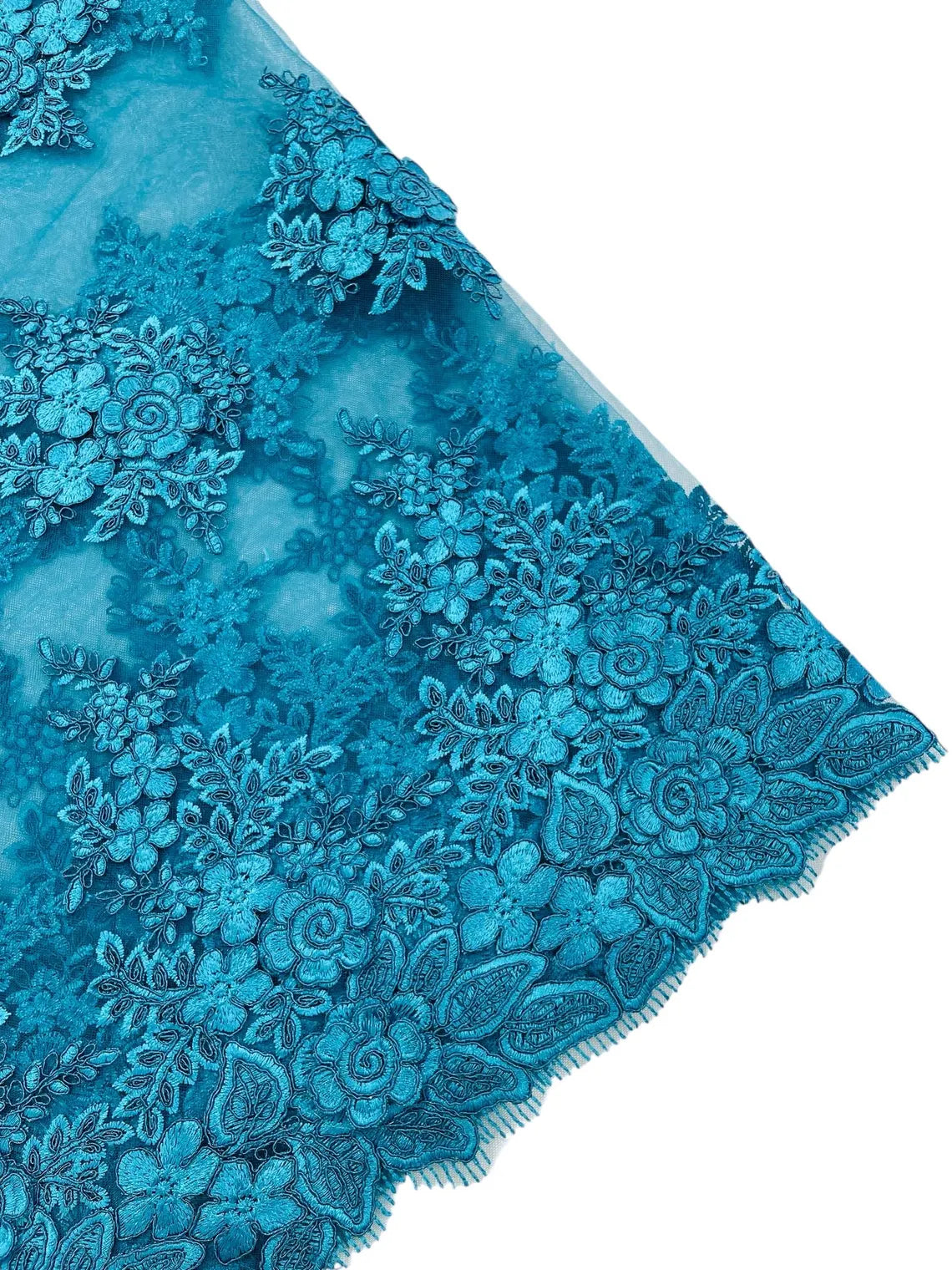 Corded Floral 3D Fabric - Teal - Embroidered Floral Design on Lace Mesh Fabric by Yard