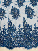 Rhinestone Beaded Fabric - Teal - Beaded Floral Rhinestone Design with Fancy Border Sold By Yard