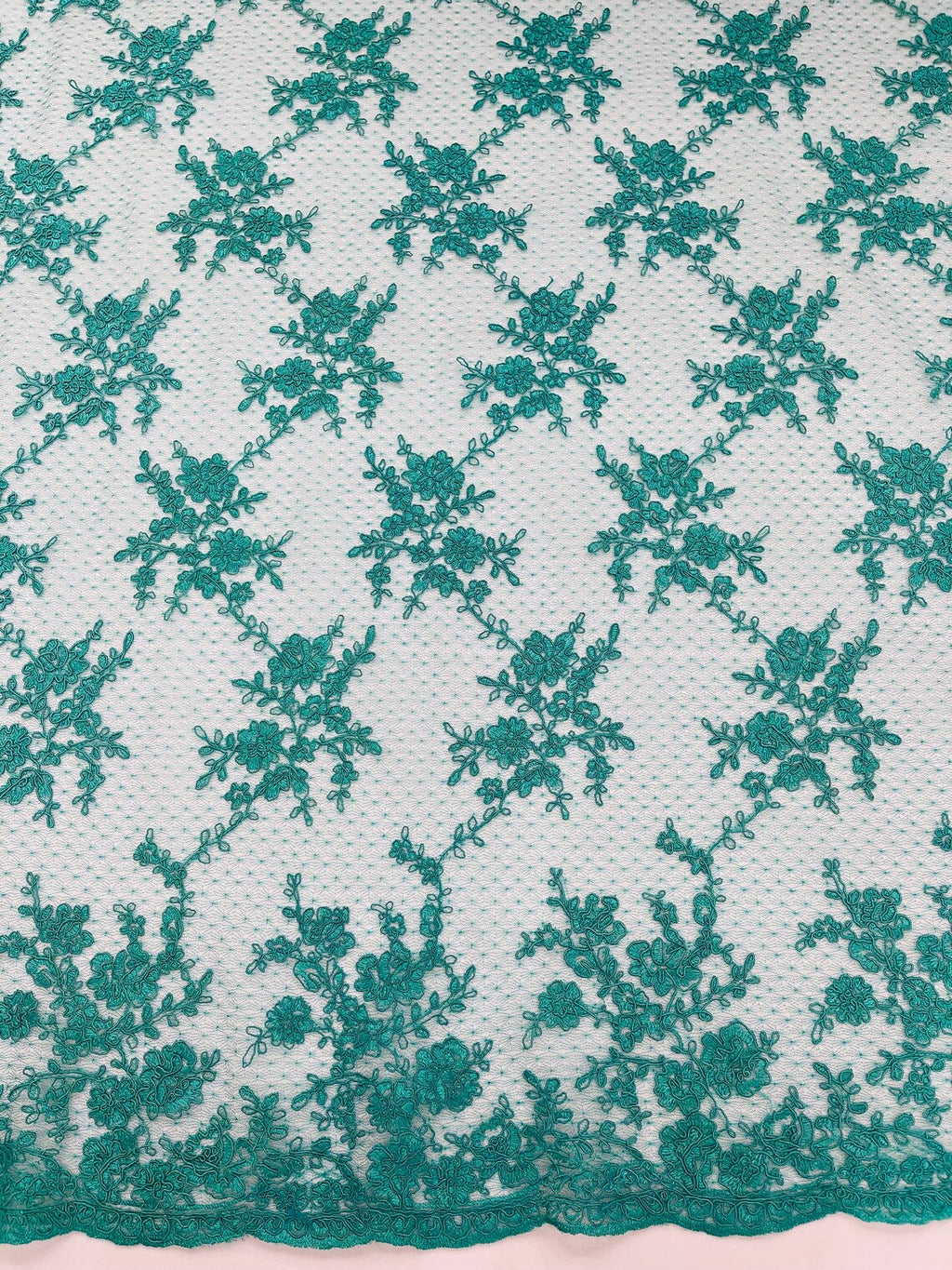 Embroidered Corded Lace Fabric - Teal - Cluster Fancy Flower Embroidered Lace Fabric By Yard
