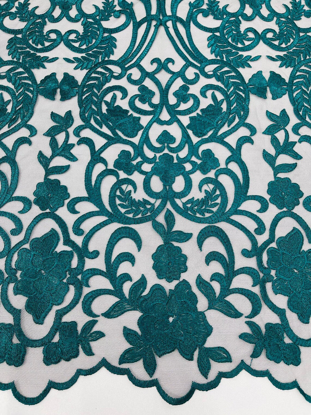Fancy Damask Lace Fabric - Teal on Black - Embroidered Damask Design Mesh on Lace Fabric by Yard