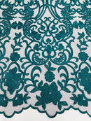Fancy Damask Lace Fabric - Teal on Black - Embroidered Damask Design Mesh on Lace Fabric by Yard
