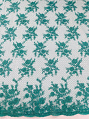 Embroidered Corded Lace Fabric - Teal - Cluster Fancy Flower Embroidered Lace Fabric By Yard