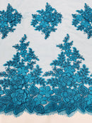Corded Floral 3D Fabric - Teal - Embroidered Floral Design on Lace Mesh Fabric by Yard