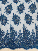 Rhinestone Beaded Fabric - Teal - Beaded Floral Rhinestone Design with Fancy Border Sold By Yard