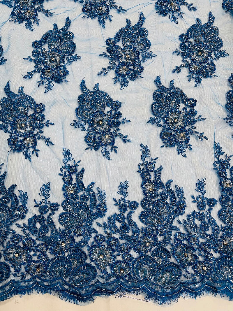 Rhinestone Beaded Fabric - Teal - Beaded Floral Rhinestone Design with Fancy Border Sold By Yard
