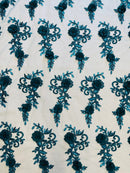 3D Flower Cluster Fabric - Teal - 3D Flower Leaf Design Fabric with Pearls Sold By Yard