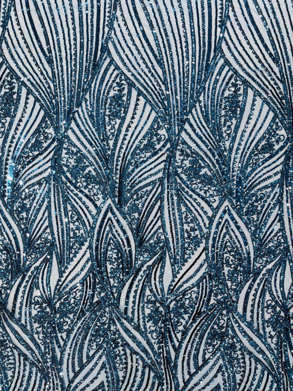 Curvy Line Design Fabric - Teal - 4 Way Stretch Sequins Design Mesh Lace Fabric by Yard
