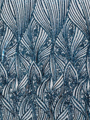 Curvy Line Design Fabric - Teal - 4 Way Stretch Sequins Design Mesh Lace Fabric by Yard
