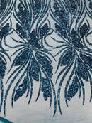 Wavy Leaf Sequins Fabric - Teal - Wavy Lines and Leaves Design on Lace Mesh Fabric by Yard