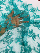 Embroidered Corded Lace Fabric - Teal - Cluster Fancy Flower Embroidered Lace Fabric By Yard
