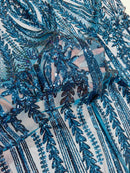 Mermaid Design Sequins Fabric - Teal - Sequins Fabric 4 Way Stretch on Mesh By Yard