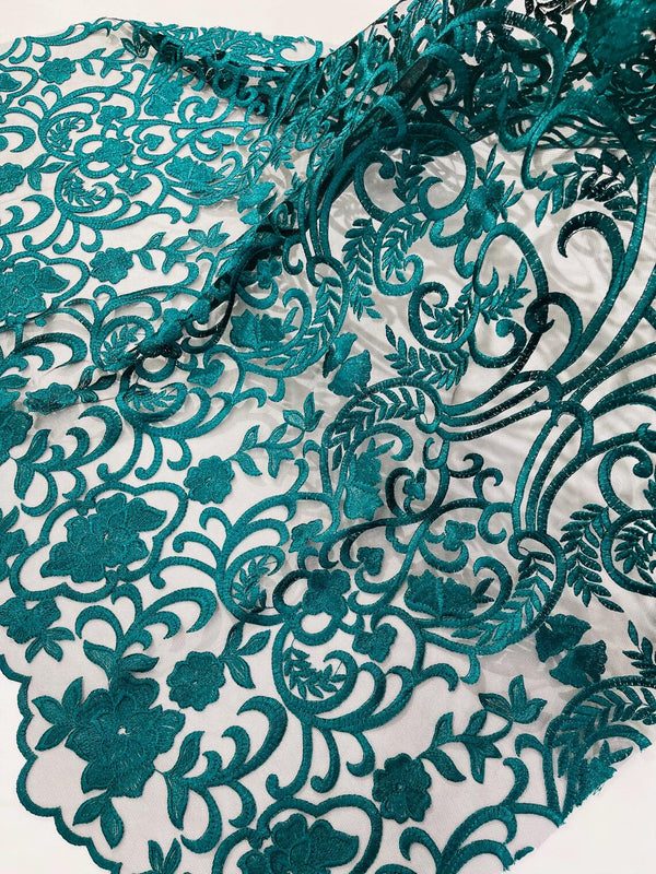 Fancy Damask Lace Fabric - Teal on Black - Embroidered Damask Design Mesh on Lace Fabric by Yard