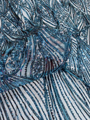 Curvy Line Design Fabric - Teal - 4 Way Stretch Sequins Design Mesh Lace Fabric by Yard