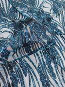 Wavy Leaf Sequins Fabric - Teal - Wavy Lines and Leaves Design on Lace Mesh Fabric by Yard