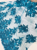 Corded Floral 3D Fabric - Teal - Embroidered Floral Design on Lace Mesh Fabric by Yard