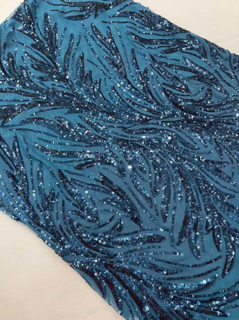 Leaf Design Stretch Sequins - Teal - 4 Way Stretch Lace Mesh Sequins Fabric by Yard