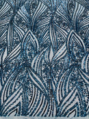 Curvy Line Design Fabric - Teal - 4 Way Stretch Sequins Design Mesh Lace Fabric by Yard