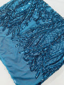 Mermaid Design Sequins Fabric - Teal - Sequins Fabric 4 Way Stretch on Mesh By Yard