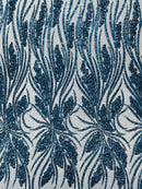 Wavy Leaf Sequins Fabric - Teal - Wavy Lines and Leaves Design on Lace Mesh Fabric by Yard