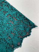 Fancy Damask Lace Fabric - Teal on Black - Embroidered Damask Design Mesh on Lace Fabric by Yard