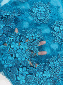 Corded Floral 3D Fabric - Teal - Embroidered Floral Design on Lace Mesh Fabric by Yard