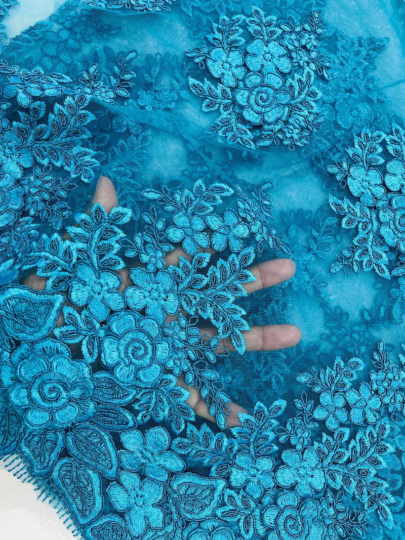 Corded Floral 3D Fabric Teal Embroidered Floral Design on Lace Mesh Fabric by Yard