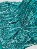 Mermaid Design Sequins Fabric - Teal Green - Sequins Fabric 4 Way Stretch on Mesh By Yard