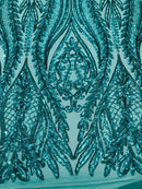 Mermaid Design Sequins Fabric - Teal Green - Sequins Fabric 4 Way Stretch on Mesh By Yard
