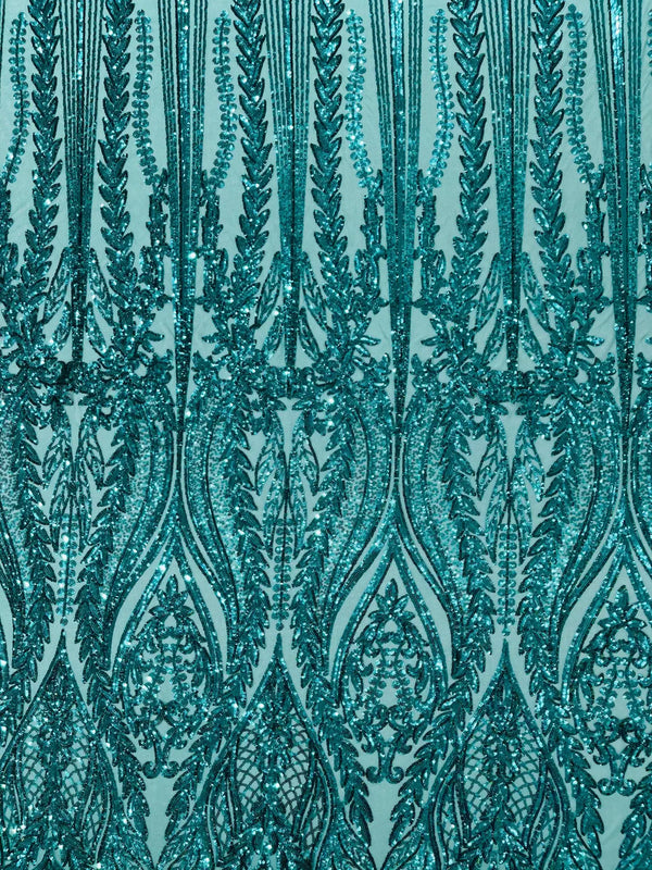 Mermaid Design Sequins Fabric - Teal Green - Sequins Fabric 4 Way Stretch on Mesh By Yard